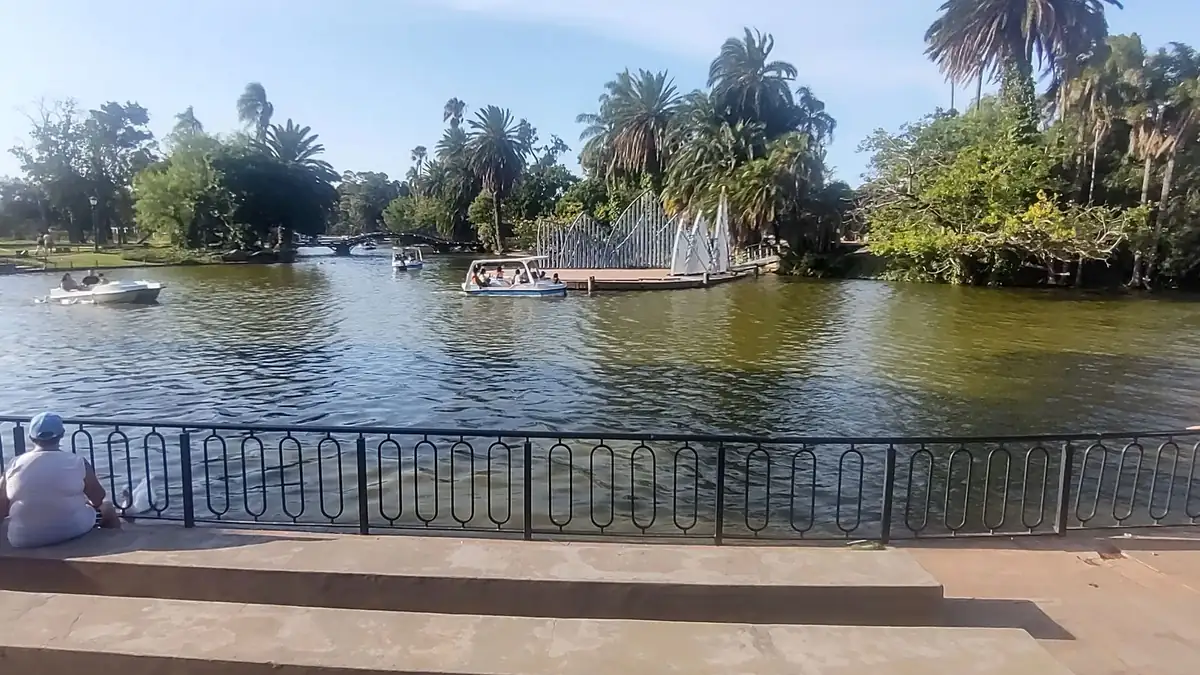 Lago del Parque Tres de Febrero junto al Rosedal, con botes y palmeras